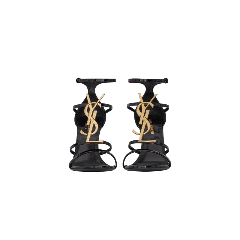 SANDALI CASSANDRA NERO IN VERNICE MONOGRAMMA DORATO
